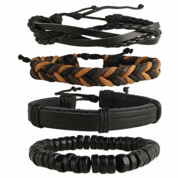 Men - Vintage Black Leather Mens Bracelet Set of 4 - Girl Intuitive - zad -
