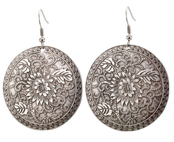 earrings - Vintage Turkish Floral Engraved Disc Earrings - Girl Intuitive - Island Imports -