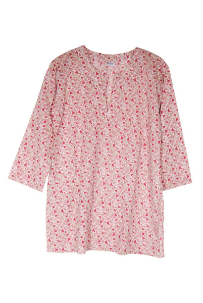 Tunic - White Cotton Tunic Top in Terra Cotta Print - Girl Intuitive - Nusantara -