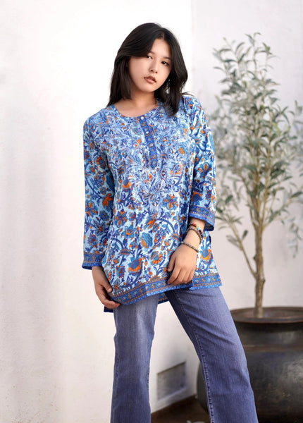 Dolma Embroidered Silk Tunic Top Blue Multi