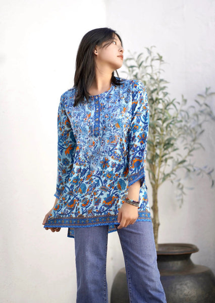 Dolma Embroidered Silk Tunic Top Blue Multi