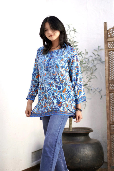 Dolma Embroidered Silk Tunic Top Blue Multi