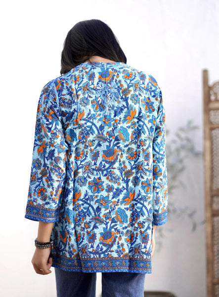 Dolma Embroidered Silk Tunic Top Blue Multi