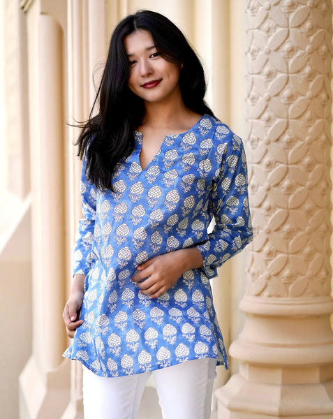 Dolma Hydrangea Bloom Cotton Tunic Blue