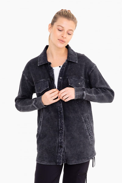 Mono B Waffle Knit Mineral-Washed Button Down Jacket