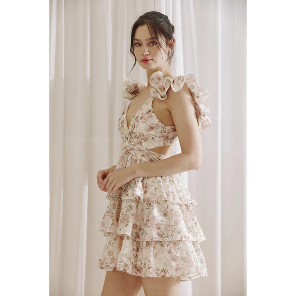 Storia Rose and Leaves Print Romantic Mini Dress