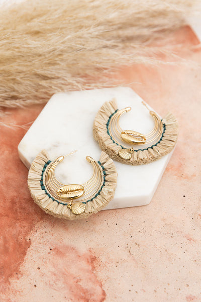 Seashell Glow Golden Raffia Hoop Earrings Jewelry