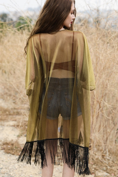 Sheer Metallic Tassel Kimono Ponchos