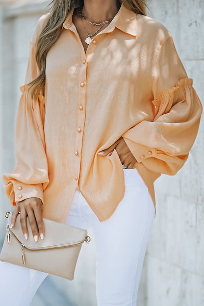 top - Button Front Bubble Sleeve Frill Trim Blouse - Girl Intuitive - Trendsi - Orange / S