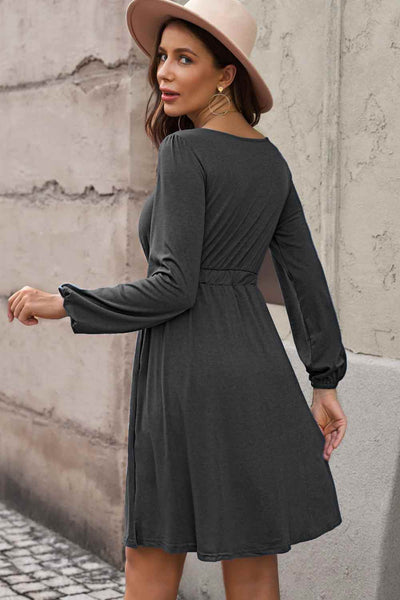 Dresses - Scoop Neck Empire Waist Long Sleeve Mini Dress - Girl Intuitive - Trendsi -