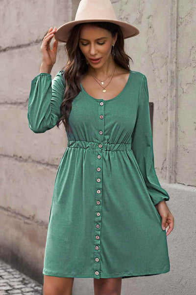 Dresses - Scoop Neck Empire Waist Long Sleeve Mini Dress - Girl Intuitive - Trendsi -