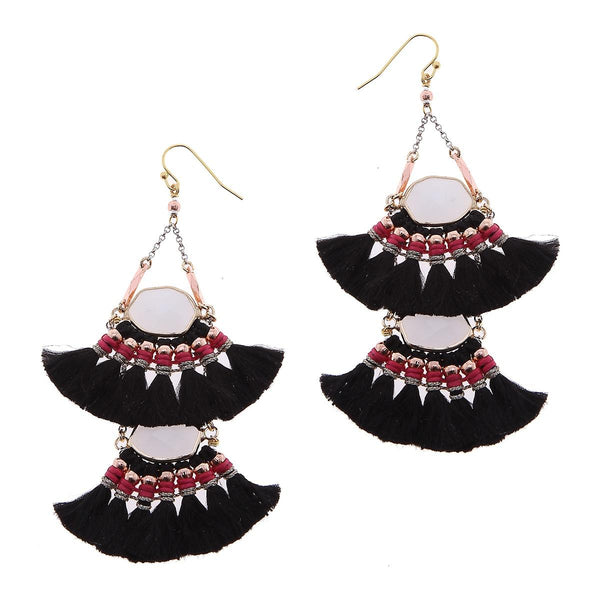 earrings - 2-Tier Tassel and Stone Drop Earrings - Girl Intuitive - Nakamol - Black