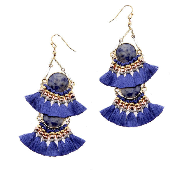 earrings - 2-Tier Tassel and Stone Drop Earrings - Girl Intuitive - Nakamol - Blue