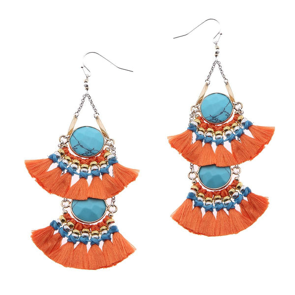 earrings - 2-Tier Tassel and Stone Drop Earrings - Girl Intuitive - Nakamol - Orange