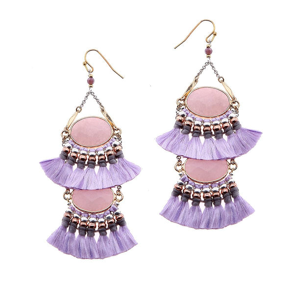 earrings - 2-Tier Tassel and Stone Drop Earrings - Girl Intuitive - Nakamol - Purple