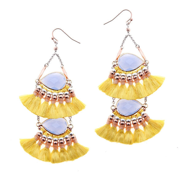 earrings - 2-Tier Tassel and Stone Drop Earrings - Girl Intuitive - Nakamol - Yellow