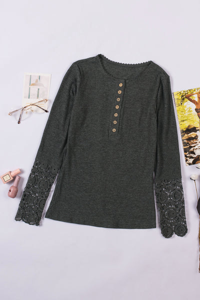 Top - Crochet Lace Hem Sleeve Button Top - Girl Intuitive - Trendsi - Dark Gray / S