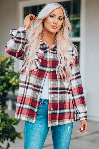 Jacket - Plaid Button Front Shirt Jacket with Breast Pockets - Girl Intuitive - Trendsi - Red / S