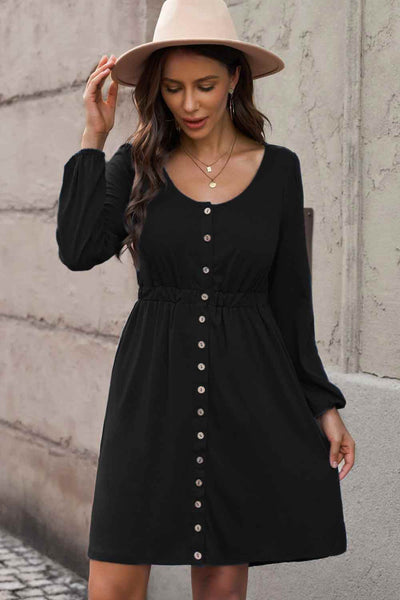 Dresses - Scoop Neck Empire Waist Long Sleeve Mini Dress - Girl Intuitive - Trendsi -