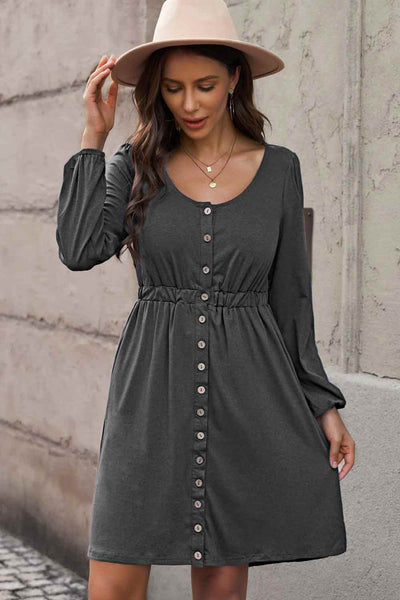 Dresses - Scoop Neck Empire Waist Long Sleeve Mini Dress - Girl Intuitive - Trendsi -