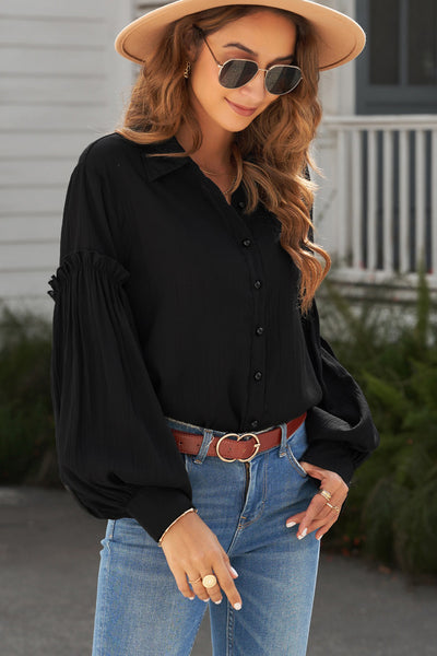 top - Button Front Bubble Sleeve Frill Trim Blouse - Girl Intuitive - Trendsi -