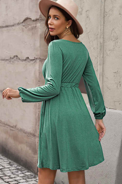 Dresses - Scoop Neck Empire Waist Long Sleeve Mini Dress - Girl Intuitive - Trendsi -