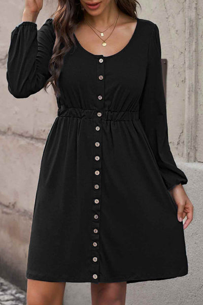 Dresses - Scoop Neck Empire Waist Long Sleeve Mini Dress - Girl Intuitive - Trendsi -