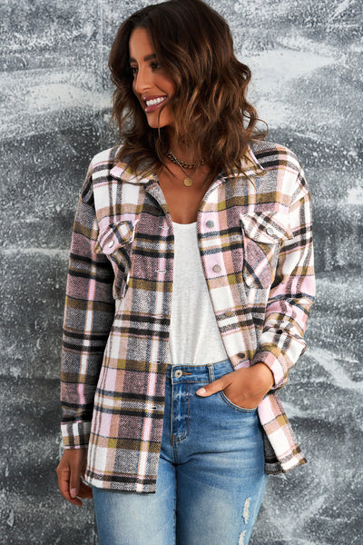 Jacket - Plaid Button Front Shirt Jacket with Breast Pockets - Girl Intuitive - Trendsi - Pink / S