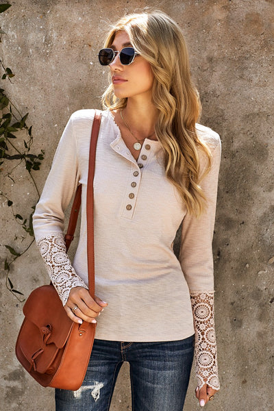 Top - Crochet Lace Hem Sleeve Button Top - Girl Intuitive - Trendsi - Beige / S
