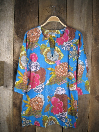 Tunic - Cotton Tunic Top Mums on Blue - Girl Intuitive - Nusantara -