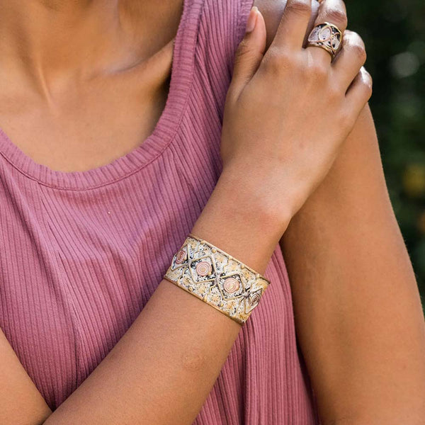 bracelet - Anju Brass Patina Cuff Bracelet in White Diamond With Spiral - Girl Intuitive - Anju Jewelry -