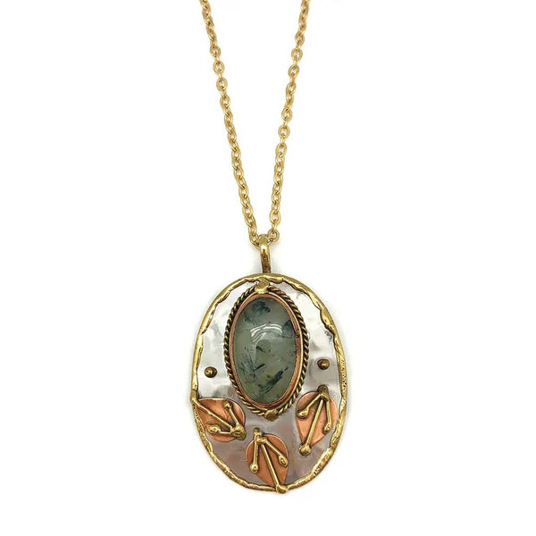 Necklace - Anju Mixed Metal and Moss Agate Stone Pendant with Chain - Girl Intuitive - Anju Jewelry -