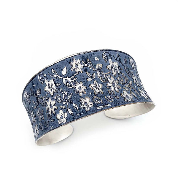 bracelet - Anju Silver Patina Bracelet in Blue Small Floral - Girl Intuitive - Anju Jewelry -