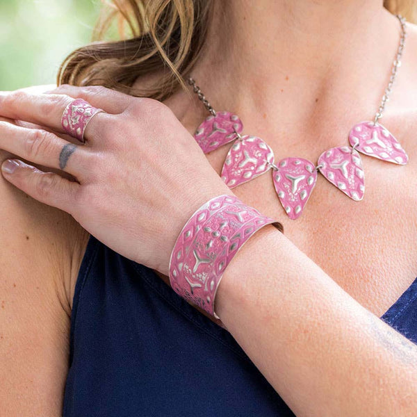 bracelet - Anju Silver Patina Bracelet in Pink Linear Shapes - Girl Intuitive - Anju Jewelry -