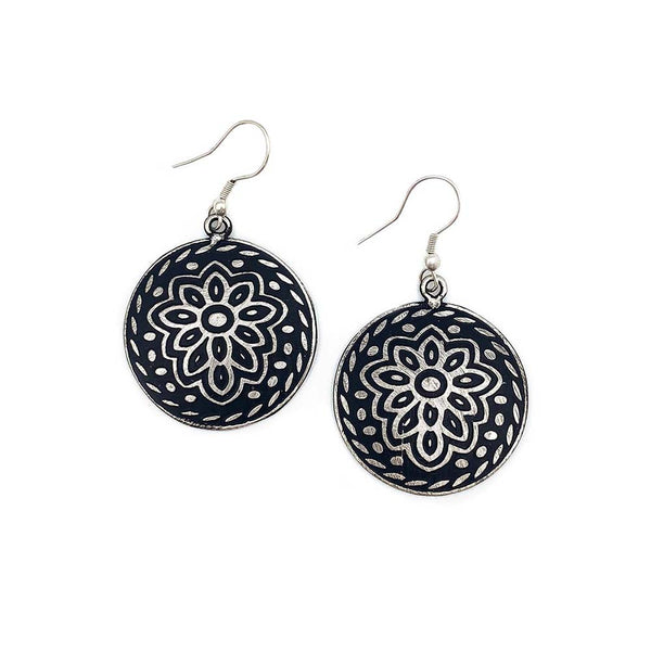 earrings - Anju Silver Patina Earrings in Black Floral Circle - Girl Intuitive - Anju Jewelry -