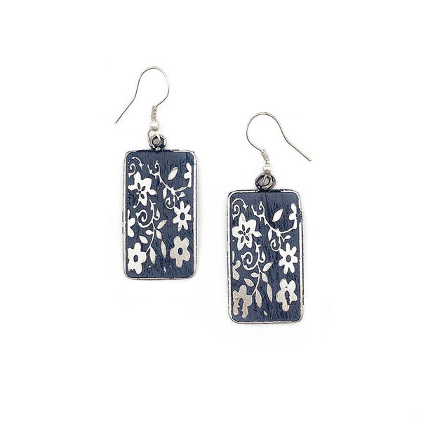 earrings - Anju Silver Patina Earrings in Blue Small Floral Rectangle - Girl Intuitive - Anju Jewelry -