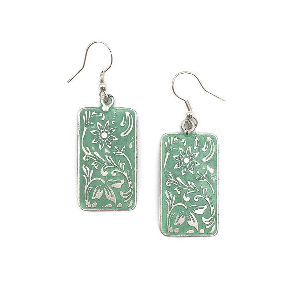 earrings - Anju Silver Patina Earrings in Mint Floral Rectangle - Girl Intuitive - Anju Jewelry -