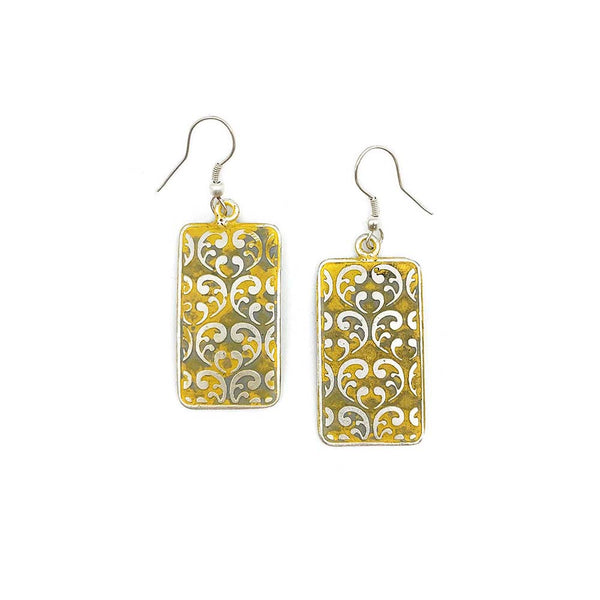 earrings - Anju Silver Patina Earrings in Yellow Ornate Rectangle - Girl Intuitive - Anju Jewelry -