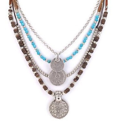 Necklace - Antique Coins Layered Necklace Turquoise - Girl Intuitive - Island Imports -