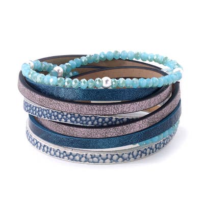 bracelet - Aqua Bead Leather Bracelet - Girl Intuitive - Island Imports -