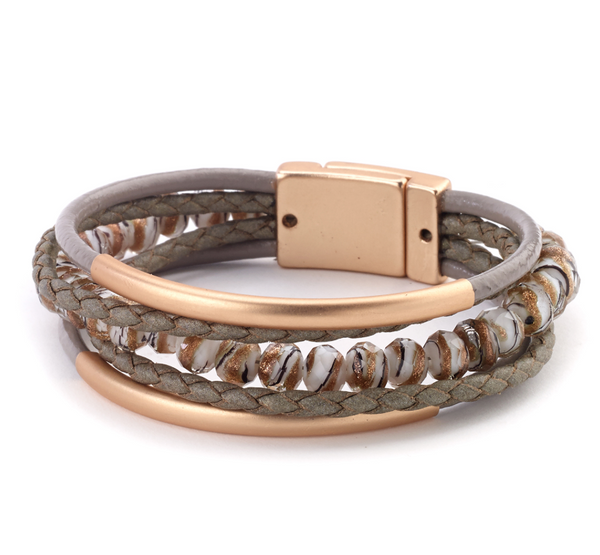bracelet - Artist Beaded Leather Combo Bracelet - Girl Intuitive - Island Imports - Beige