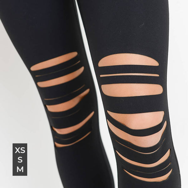 Leggings - B Mono High Waist Shredded Knee Laser-Cut Leggings - Girl Intuitive - Mono B -