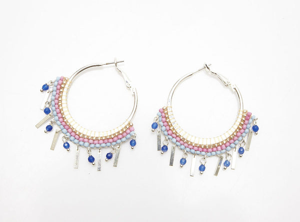 earrings - Beaded Fringe Silver Hoop Earrings - Girl Intuitive - Nakamol -