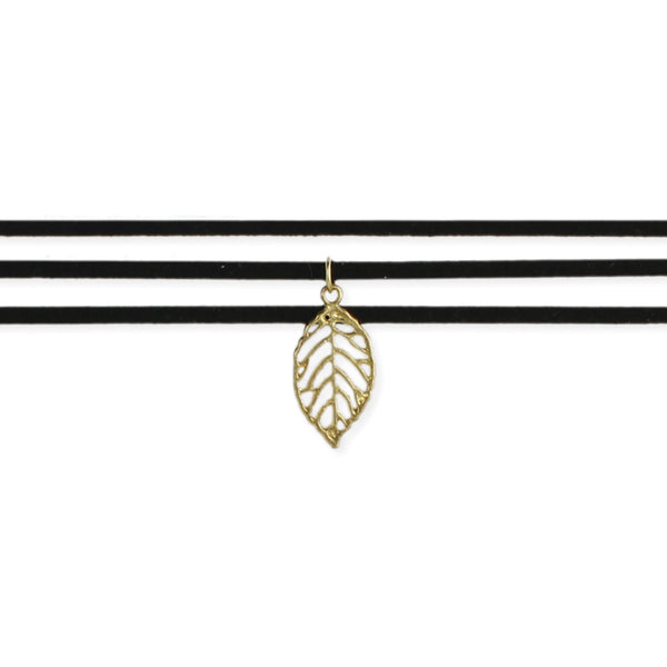Necklace - Black Suede 3 Line Gold Leaf Choker Necklace - Girl Intuitive - zad -