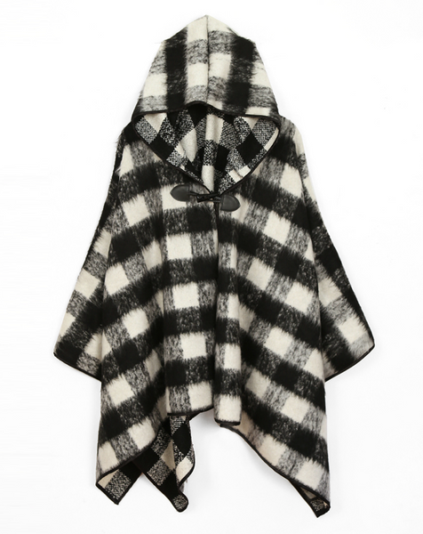 Scarves - Black and White Plaid Hooded Poncho - Girl Intuitive - Island Imports -