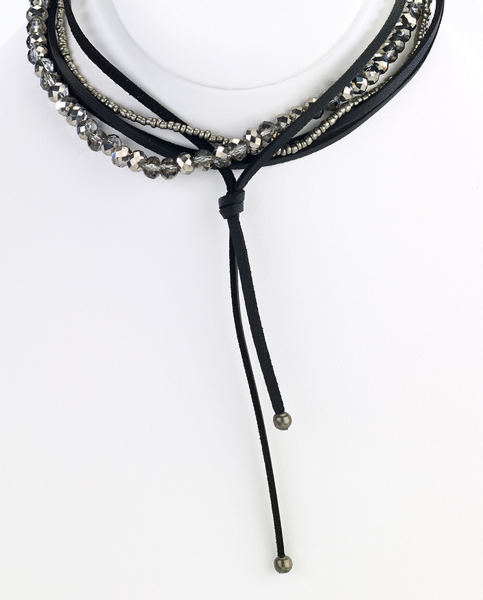 Necklace - Black Leather Choker Necklace with Silver Beads - Girl Intuitive - Island Imports -