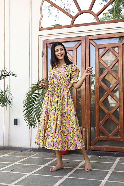 Bohemian Wood-Block Printed Cotton Emerie Dress in Yellow – Girl Intuitive Bohemian Wood-Block Printed Cotton Emerie Dress in Yellow – Girl Intuitive