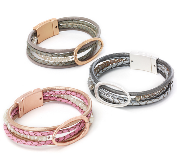 bracelet - Braid and Oval Link Centerpiece Leather Bracelet - Girl Intuitive - Island Imports -