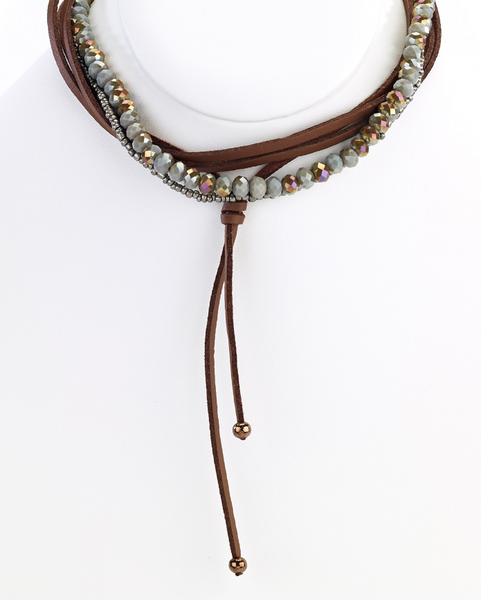 Necklace - Brown Leather Choker Necklace with Olive Beads - Girl Intuitive - Island Imports -