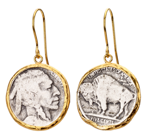 earrings - Buffalo Head Coin Earrings in Gold - Girl Intuitive - Island Imports -